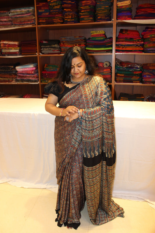 Ajrakh Modal Silk Saree black with Indigo