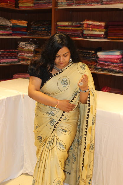 Ajrakh Modal Silk Saree Cream Black