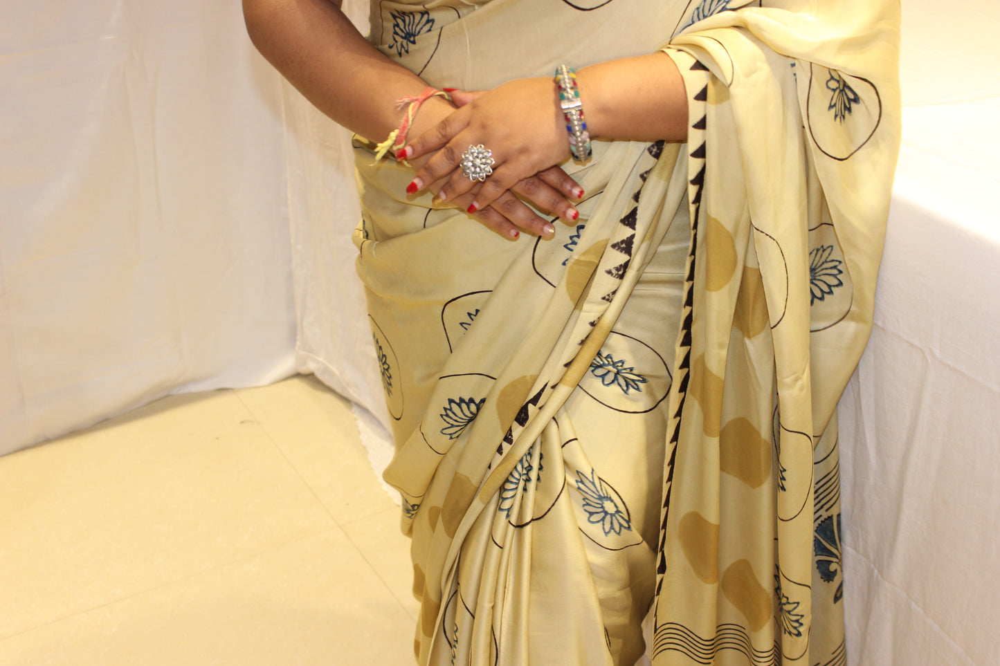 Ajrakh Modal Silk Saree Cream Black