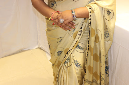 Ajrakh Modal Silk Saree Cream Black