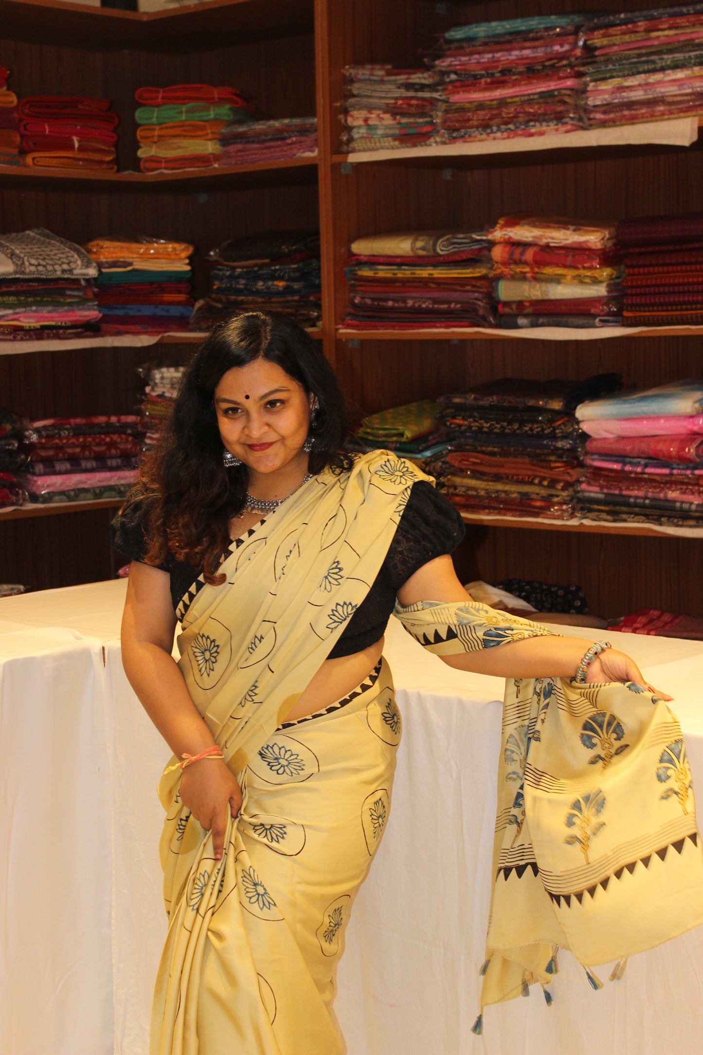 Ajrakh Modal Silk Saree Cream Black