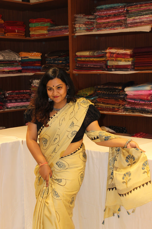 Ajrakh Modal Silk Saree Cream Black