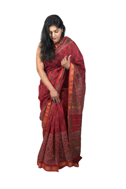 Maheshwari Cotton Silk Maroon Orange Saree