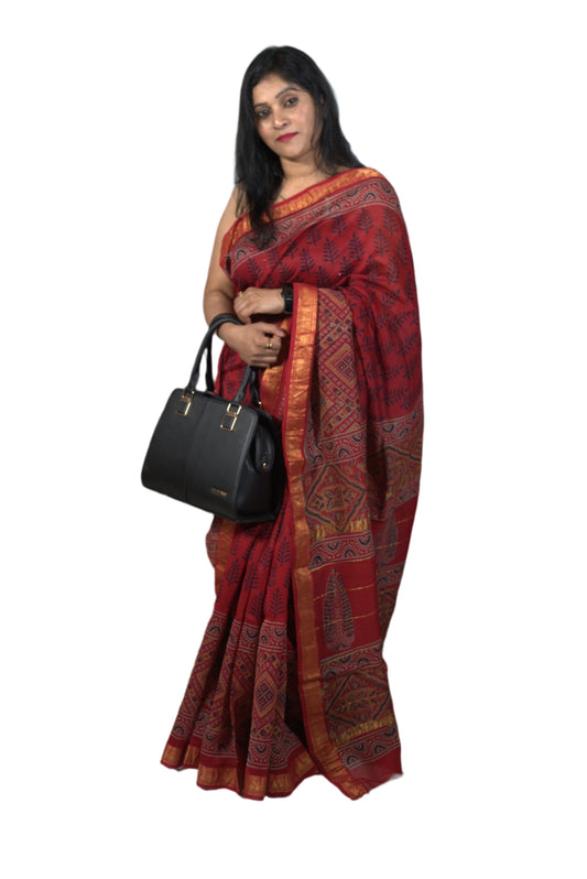 Maheshwari Cotton Silk Maroon Orange Saree