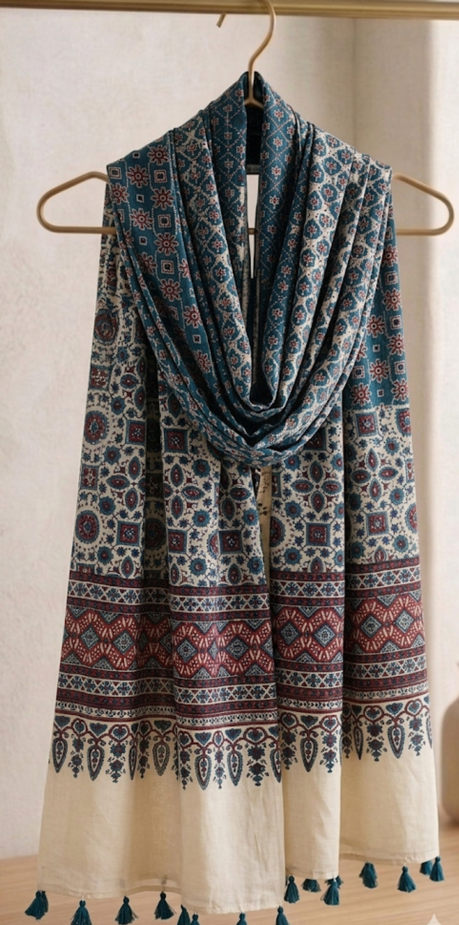 Title: Handcrafted Ajrakh Modal Silk Dupatta – Authentic Block Prints