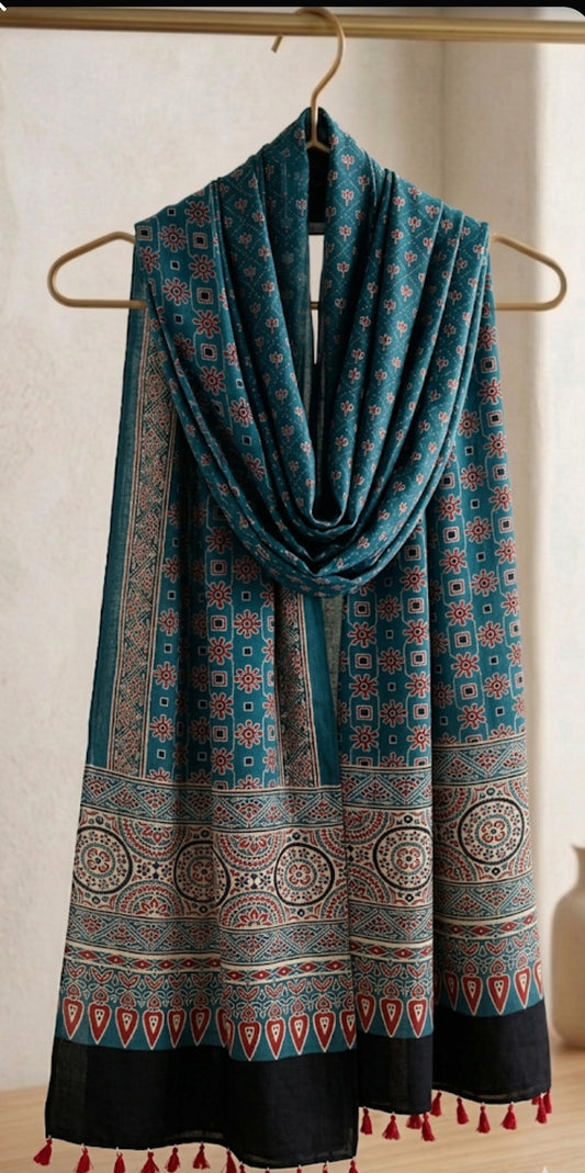 Handcrafted Ajrakh Modal Silk Dupatta – Authentic Block Prints