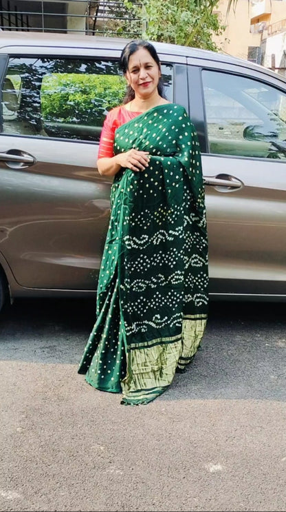Bandhej Modal Silk Saree Online Green