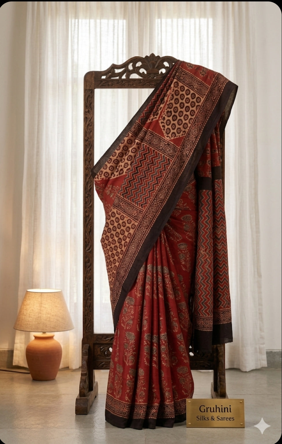 Ajrakh Modal Silk Sarees  Brick Red