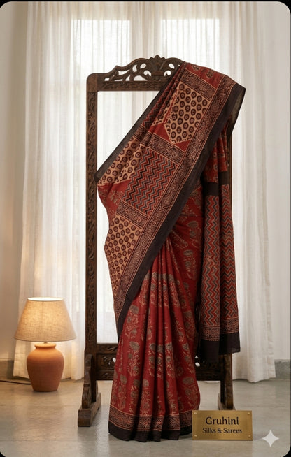 Ajrakh Modal Silk Sarees  Brick Red