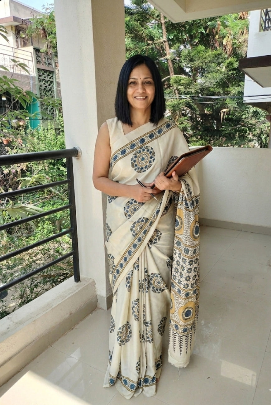 Ajrakh Modal Silk Saree Cream