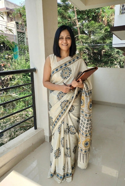 Ajrakh Modal Silk Saree Cream