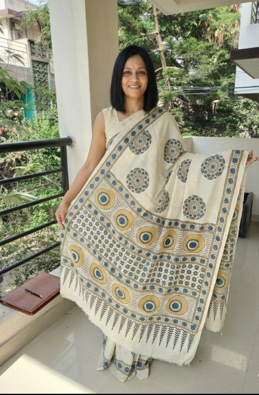 Ajrakh Modal Silk Saree Cream