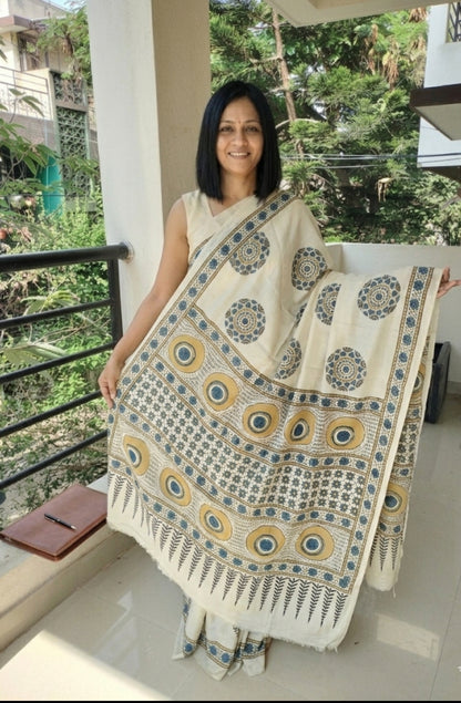 Ajrakh Modal Silk Saree Cream