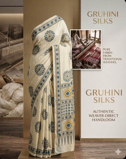 Ajrakh Modal Silk Saree Cream
