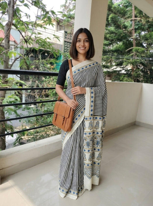Ajrakh Modal Silk Saree Cream Black Stripe