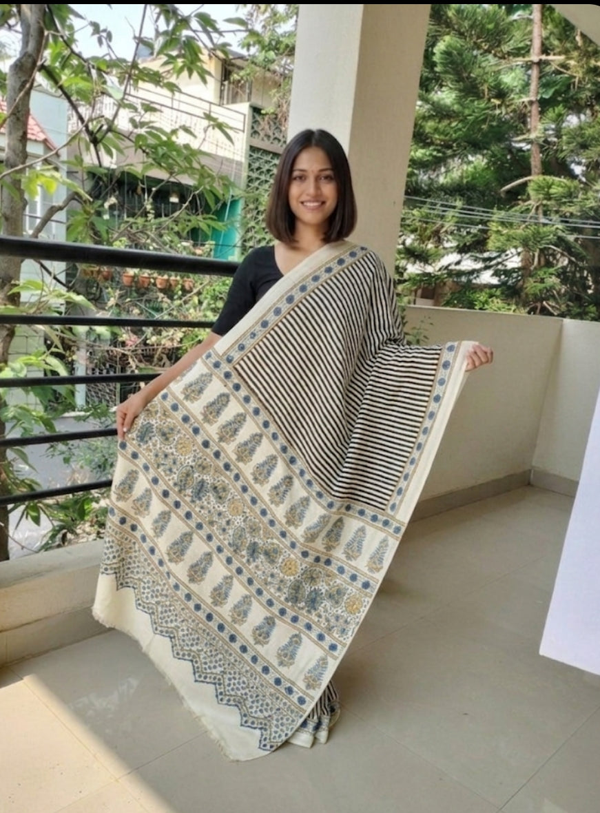 Ajrakh Modal Silk Saree Cream Black Stripe