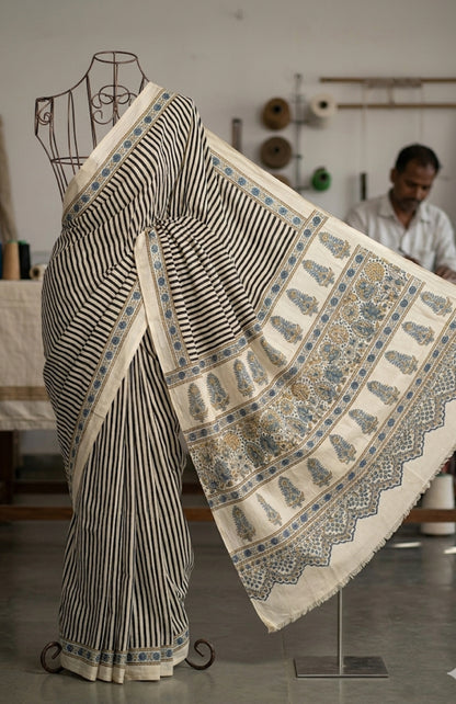 Ajrakh Modal Silk Saree Cream Black Stripe