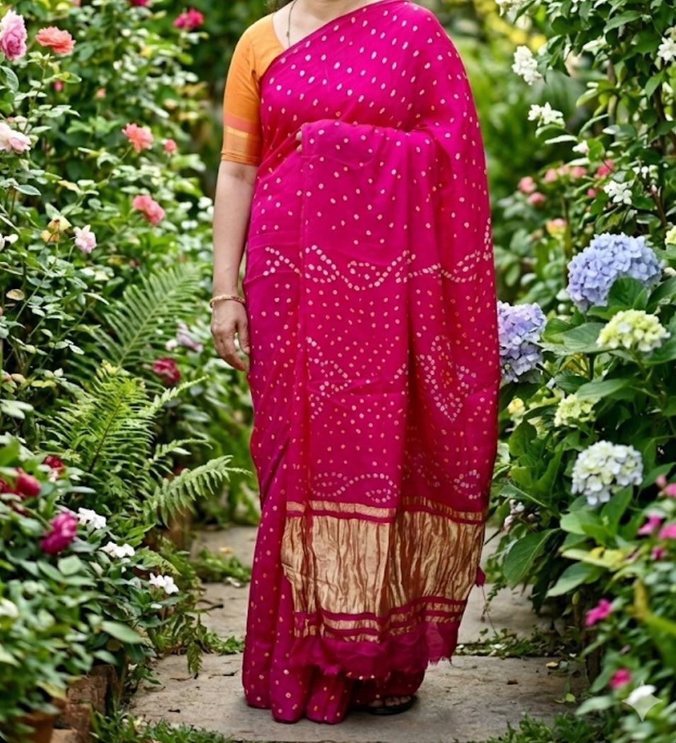 Bandhej Modal Silk Saree Manjenta