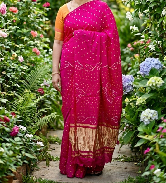 Bandhej Modal Silk Saree Manjenta