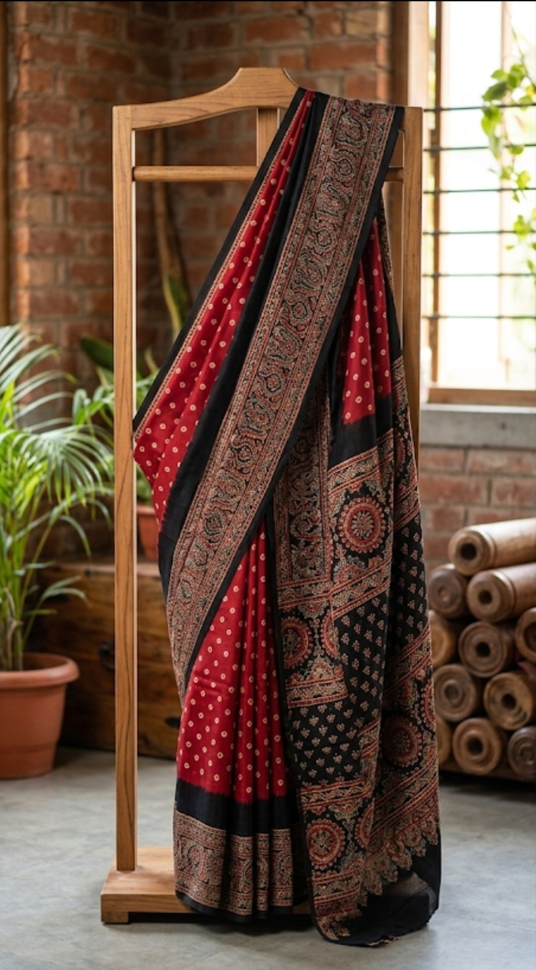 Buy Ajrakh Modal Silk Bandhej Saree with Blouse Piece | Gruhini Silks