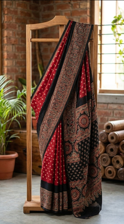 Buy Ajrakh Modal Silk Bandhej Saree with Blouse Piece | Gruhini Silks
