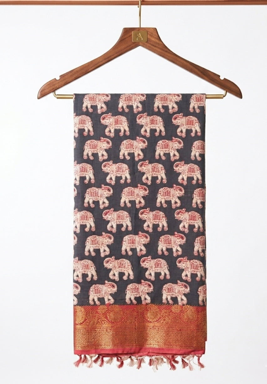 Kalamkari Mangalagiri Pattu saree with Contrast Blouse & Nizam Border