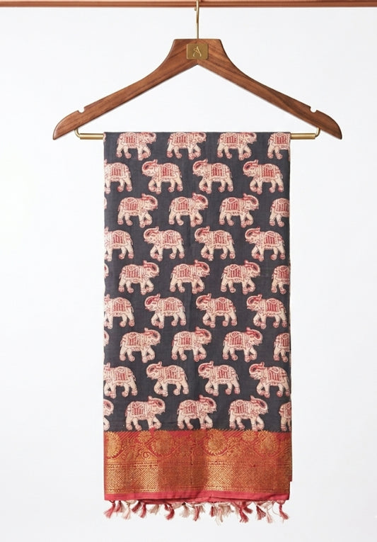 Kalamkari Mangalagiri Pattu saree with Contrast Blouse & Nizam Border