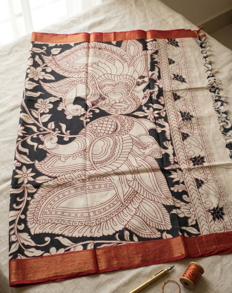 Kalamkari Mangalagiri Pattu saree with Contrast Blouse & Nizam Border