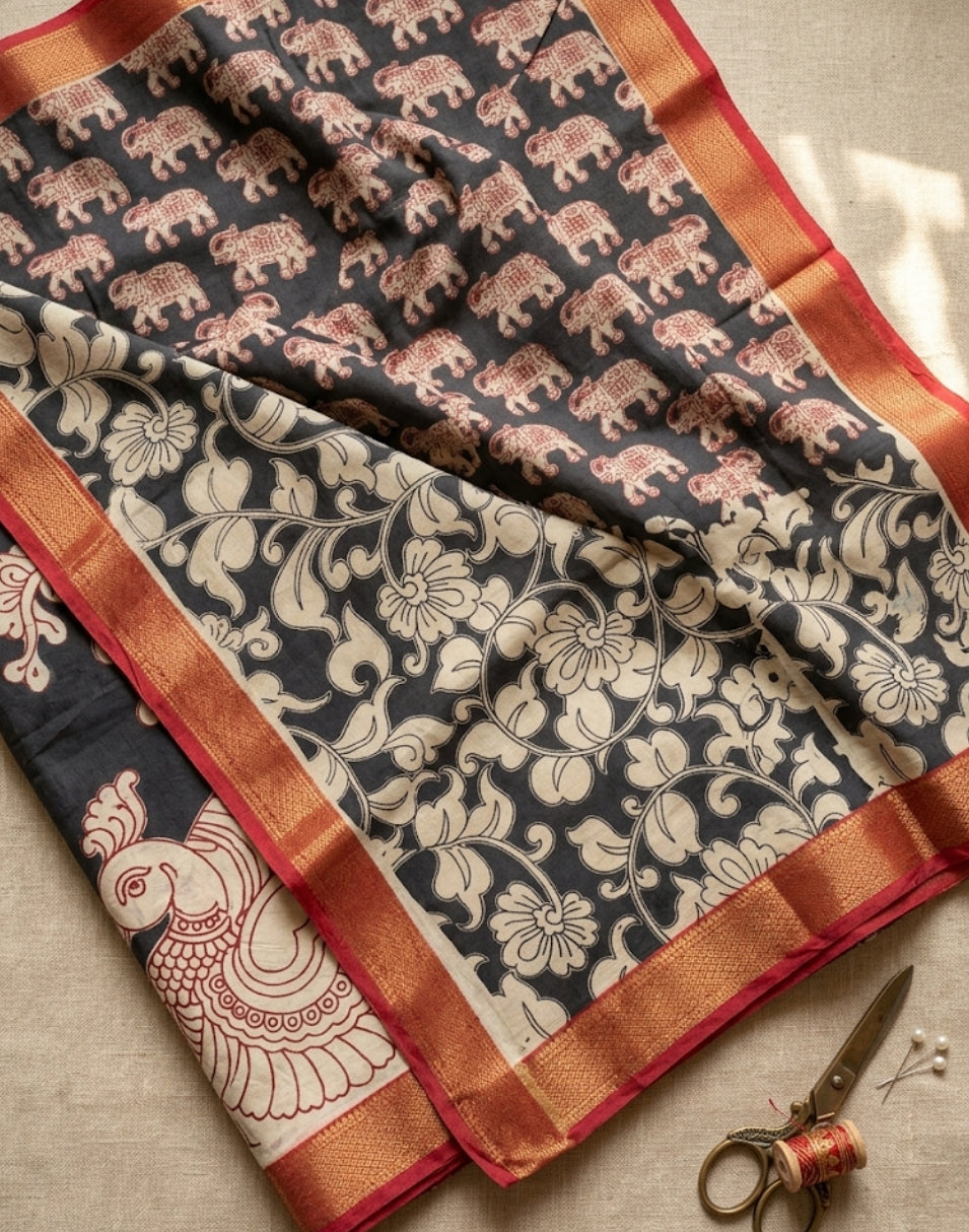 Kalamkari Mangalagiri Pattu saree with Contrast Blouse & Nizam Border