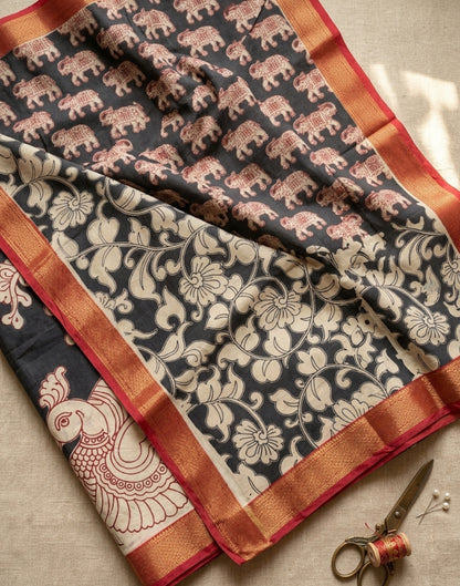 Kalamkari Mangalagiri Pattu saree with Contrast Blouse & Nizam Border