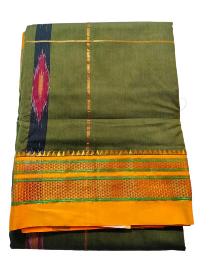 Ilkal Cotton Saree with Ikkat Pallu Mehendi Green