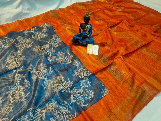 Tussur Silk Saree Blue with Orange Pallu