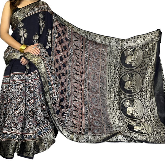 Ajrakh Modal Dola Silk Saree Black