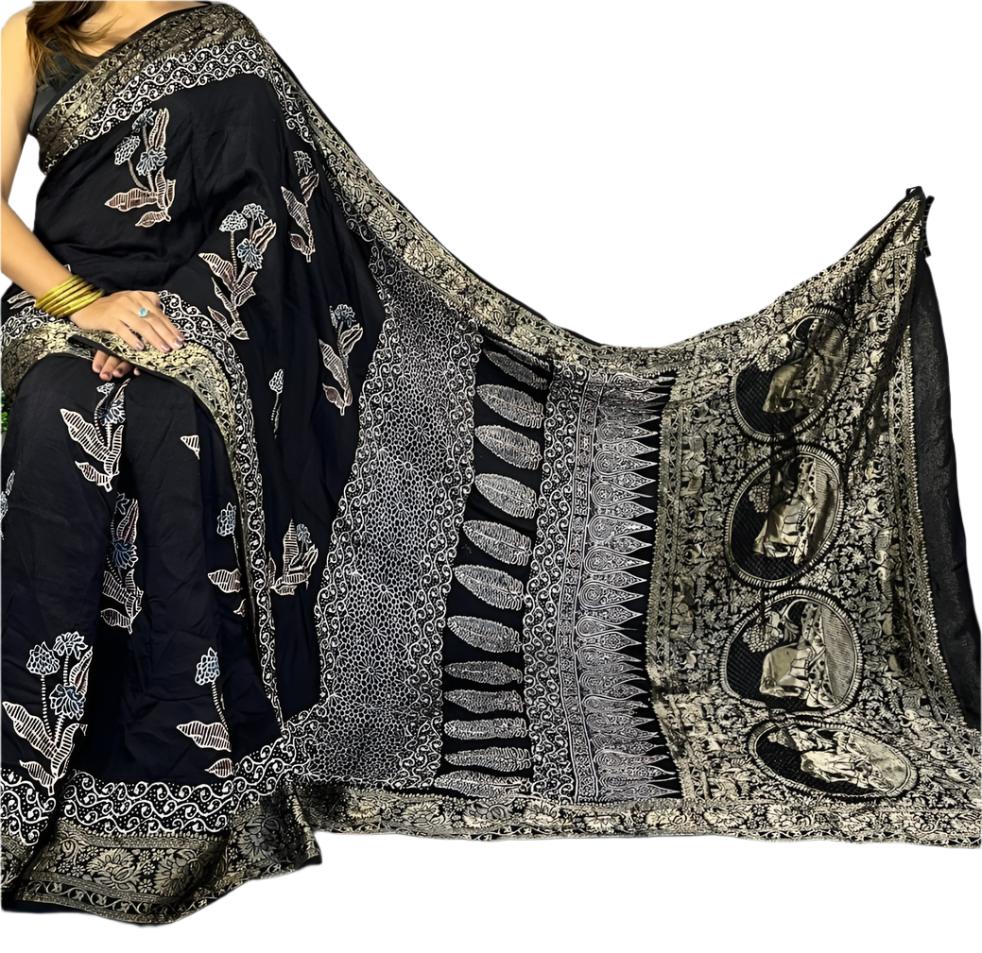 Ajrakh Modal Silk with Dola Border Black