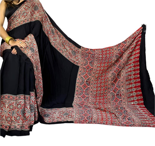 Ajrakh Modal Silk Saree black with Brick