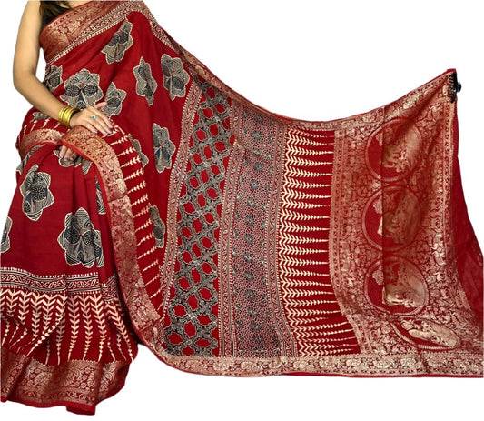 Ajrakh Modal Dola Silk Brick Red Colour