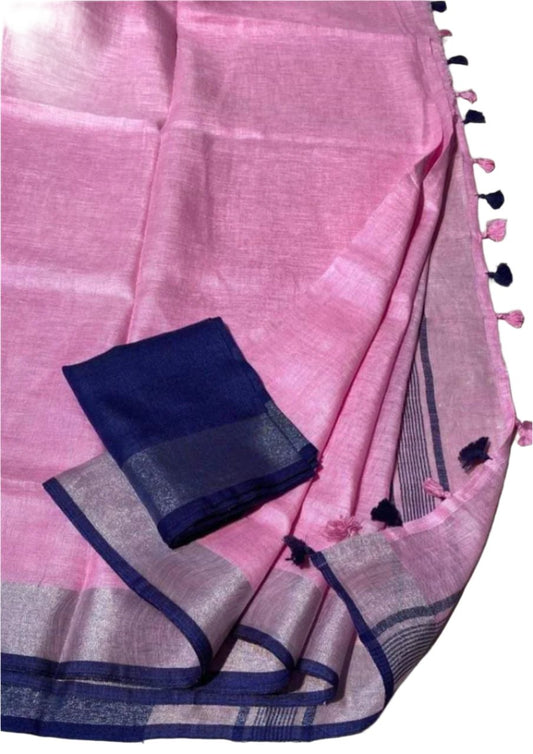 Linen Cotton Saree Pink with Blue