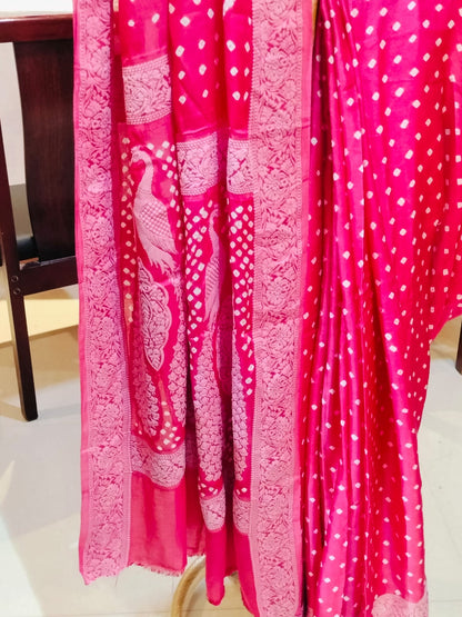 Bandhej Modal Lakhnavi Saree Pink