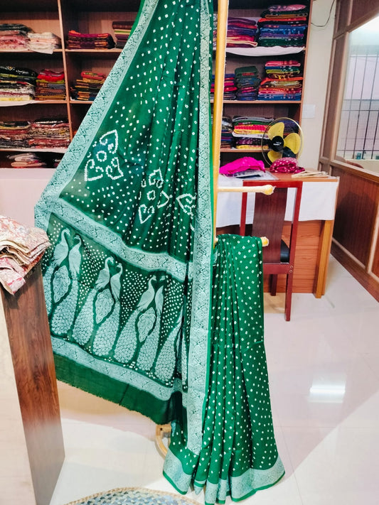 Bandhej Modal Silk Saree Lakhnavi Green