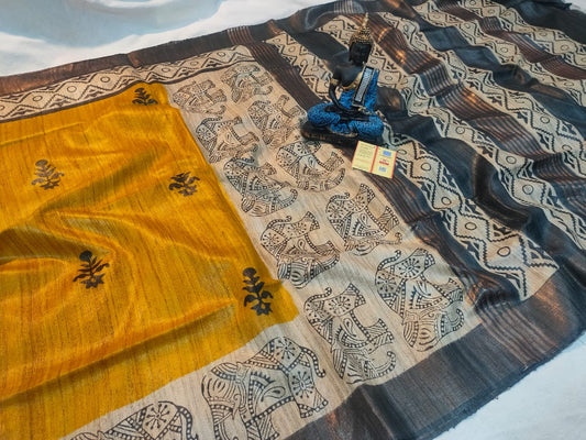 Tussar Gidha Silk Mustard with black