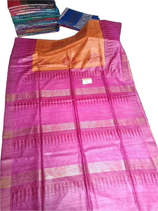 "Handwoven Tussar Gichha Silk saree with rich texture and natural gold sheen, perfect for festive and formal occasions."