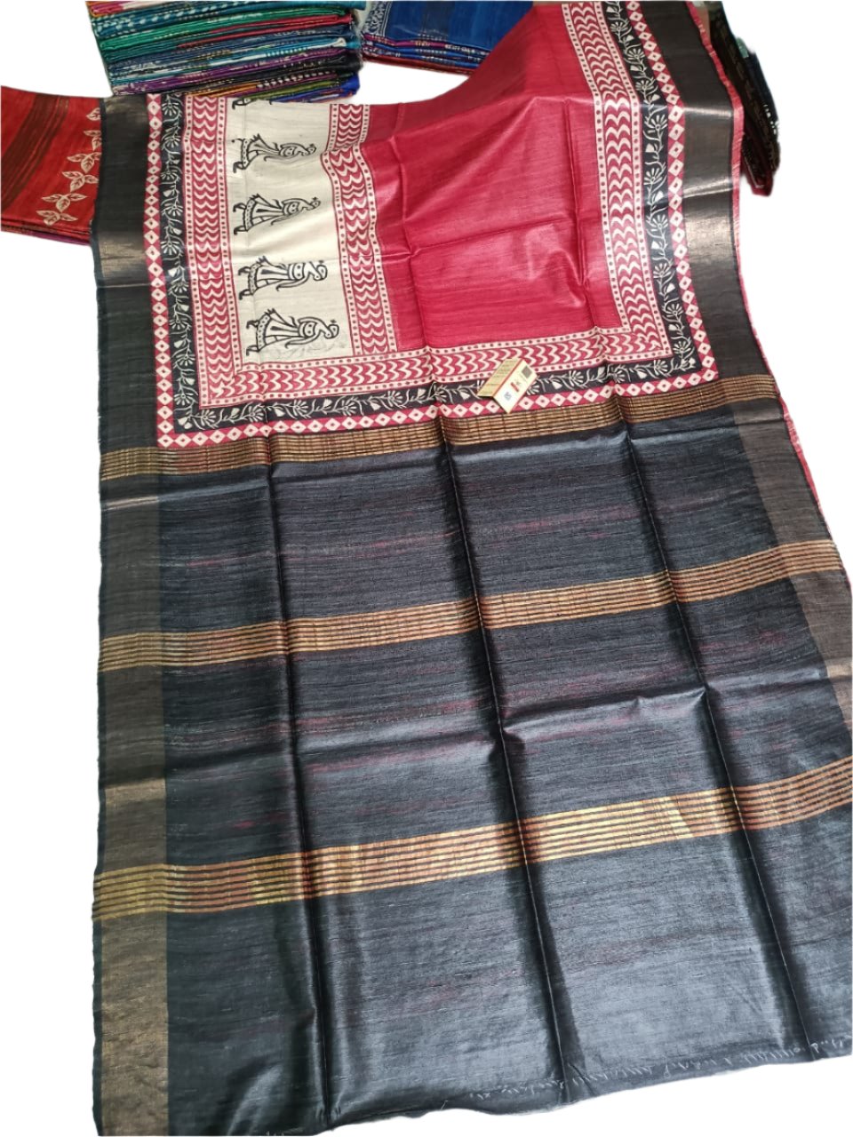 "Handwoven Tussar Gicha Silk saree with intricate texture and natural sheen – perfect for traditional and festive wear."






