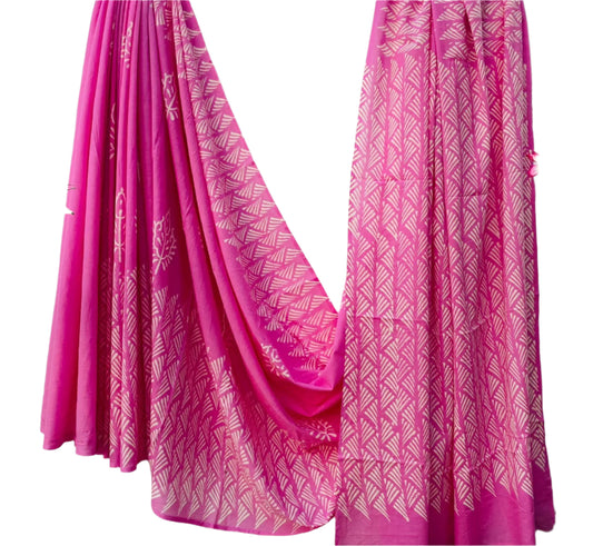 Mul Cotton Saree - Handblock Print Pink