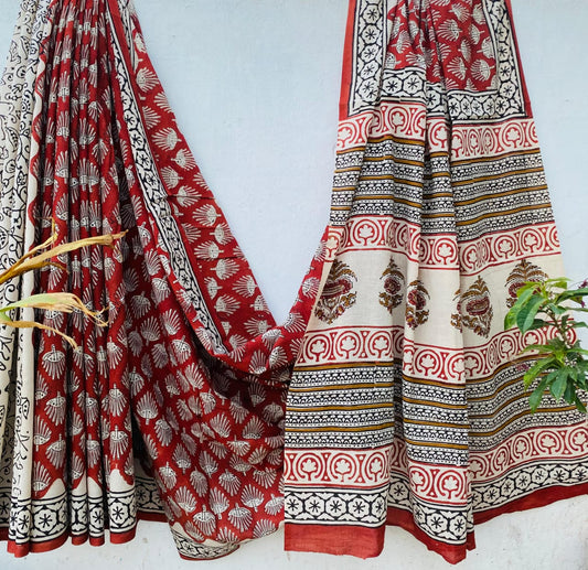 Mul Cotton Saree  Handblock Print Maroon