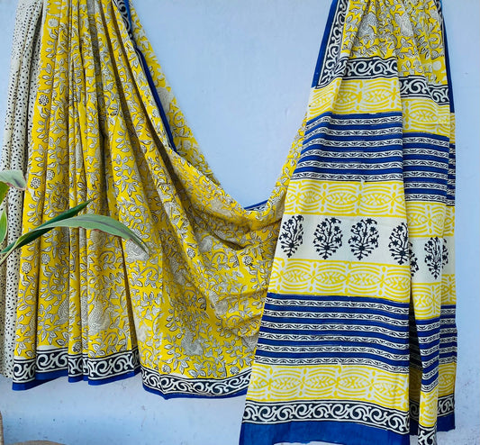 "Mul Cotton Saree - Handblock Print  Yellow