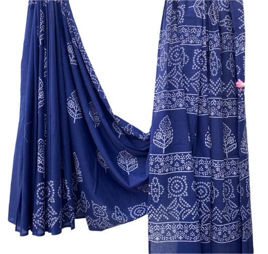 Mul Cotton Saree - Handblock Print  Blue