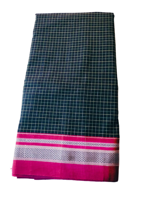 "Ilkal Handloom Saree with Raw Silk Pallu Black Checks