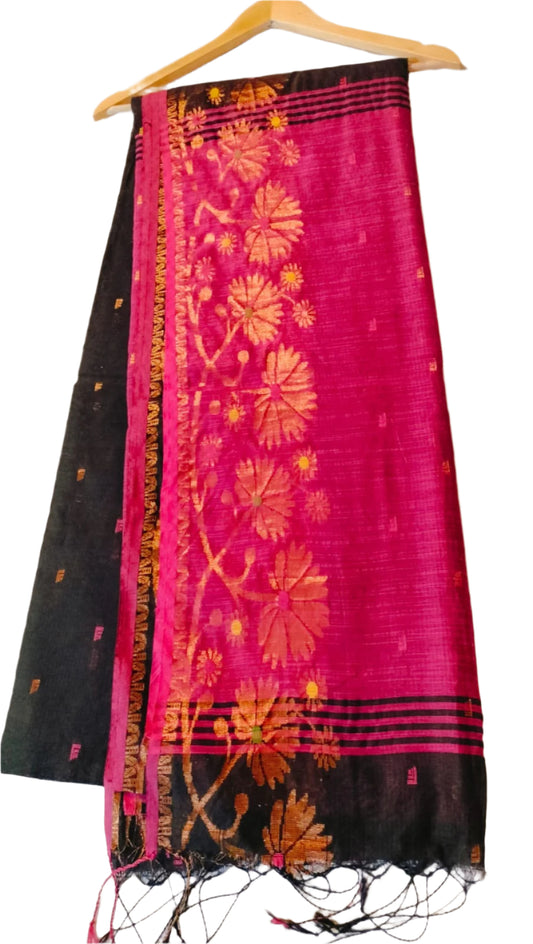 Pure Cotton Silk Saree  Black with Pink