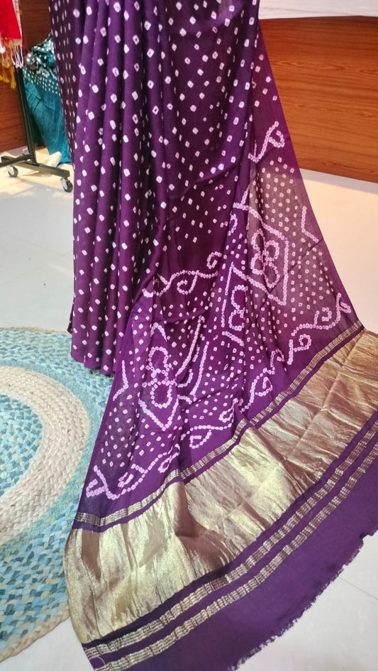Bandhej Modal Silk Saree Purple & Maroon mix