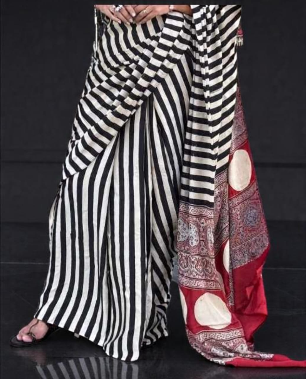 Pure Ajrakh Modal Silk Saree – Black & White Stripes with Brick Red Veg Dye | Gruhini Silks